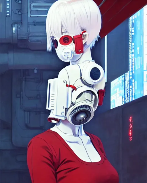 Image similar to white haired cyborg girl wearing gas mask and red dress | | audrey plaza, fine detail!! anime!! realistic shaded lighting!! poster by ilya kuvshinov katsuhiro otomo ghost - in - the - shell, magali villeneuve, artgerm, jeremy lipkin and michael garmash and rob rey