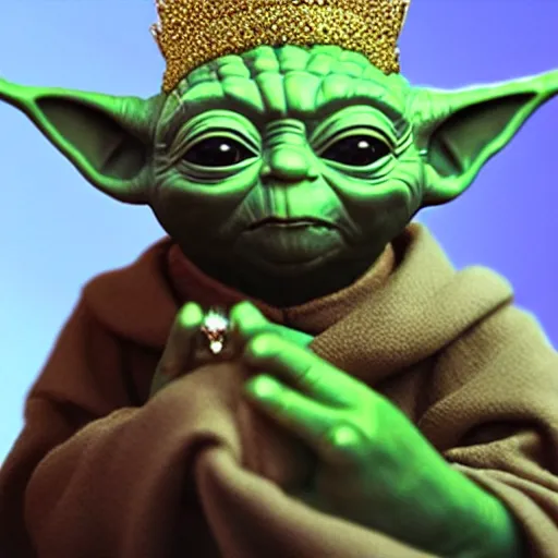 Image similar to Yoda with a diamond jeweled crown with a golden crown, photo-realistic, highly detailed, 8k, in the art style of Filip Hodas, 8k