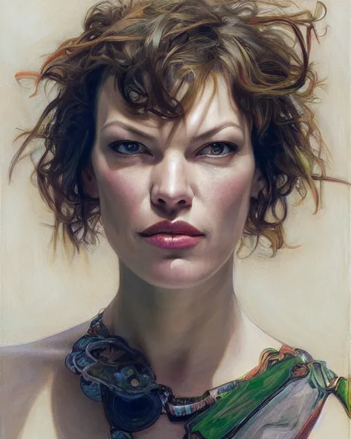 Prompt: portrait of a Milla Jovovich by Mandy Jurgens and Richard Schmid and chuck close and mucha