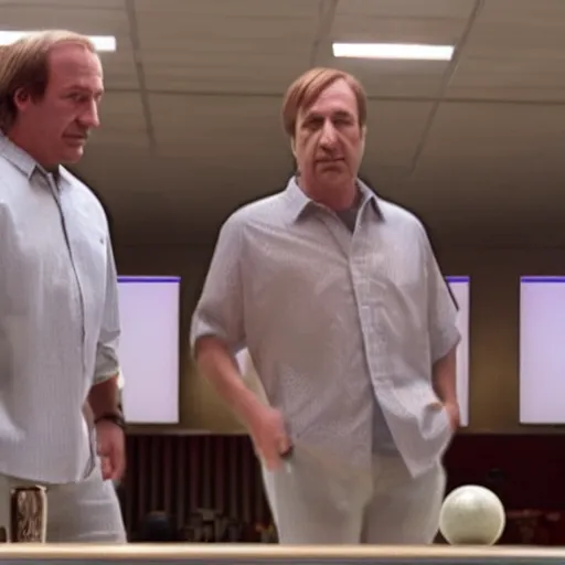 Prompt: Water White and Saul Goodman bowling