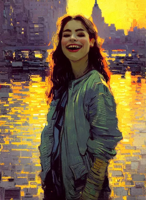 Image similar to portrait of a beautiful girl, new york backdrop, smiling, ecstatic, eyes closed, open mouth, sunset shades, beautiful face, rule of thirds, intricate outfit, spotlight, by greg rutkowski, by jeremy mann, by francoise nielly, by van gogh, digital painting