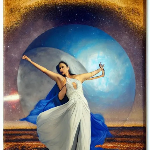 Prompt: full body portrait of beautiful goddess of mars theme inspired wearing blue and white carved details moving dress, she is floating in the air, planet mars in the background, open sky, mystical, orange fog, circle forms, iper realistic, cinematic light, paint on canvas, art by tom bagshaw - - height 7 0 4