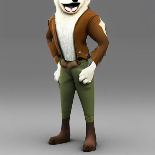 Image similar to portrait, 3d render , anthropomorphic wolf male , wearing a torn knee length jacket , in the style of Zootopia