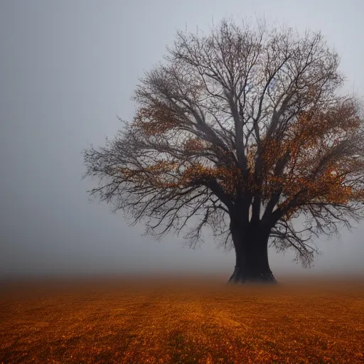 Image similar to a flaming oak tree in an open field with fog, horror, ultrarealism, 8k