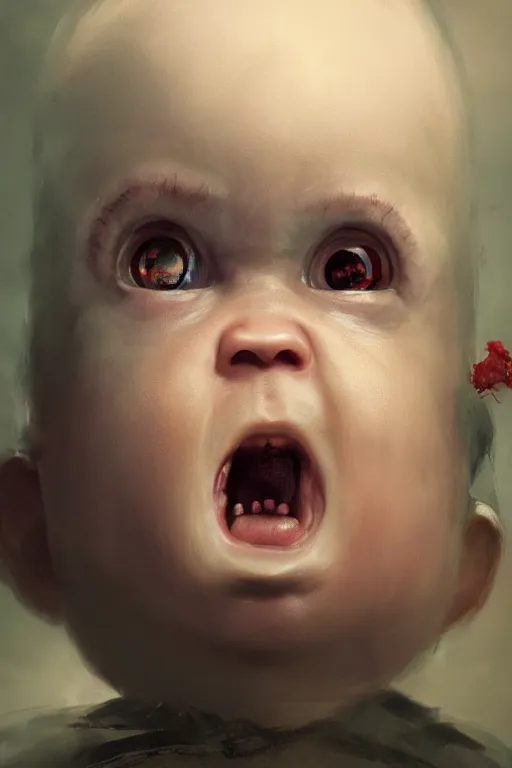 Prompt: a fancy portrait of a scary baby by Greg Rutkowski, Sung Choi, Mitchell Mohrhauser, Maciej Kuciara, Johnson Ting, Maxim Verehin, Peter Konig, final fantasy , mythical, 8k photorealistic, cinematic lighting, HD, high details, atmospheric,