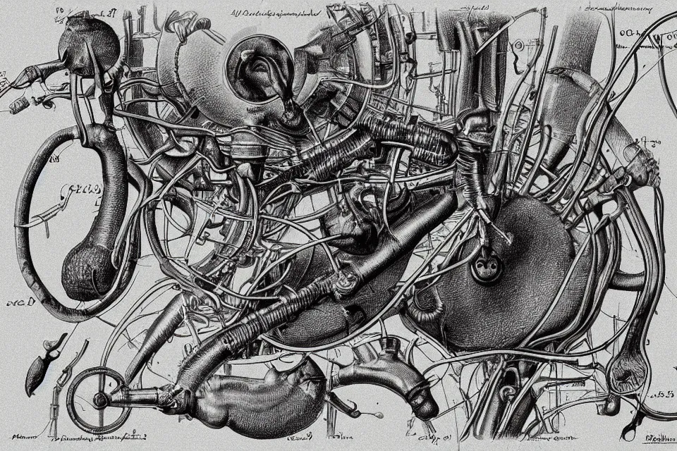 Image similar to An vintage anatomical drawing of Animal biology combined with a mechanical machine, detail digital art.