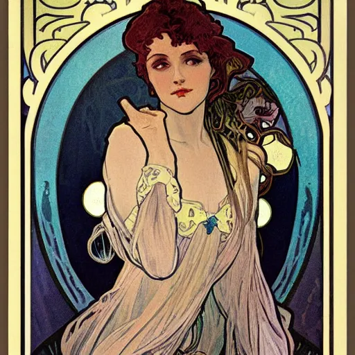 Image similar to female occult detective, painted by alphonse mucha