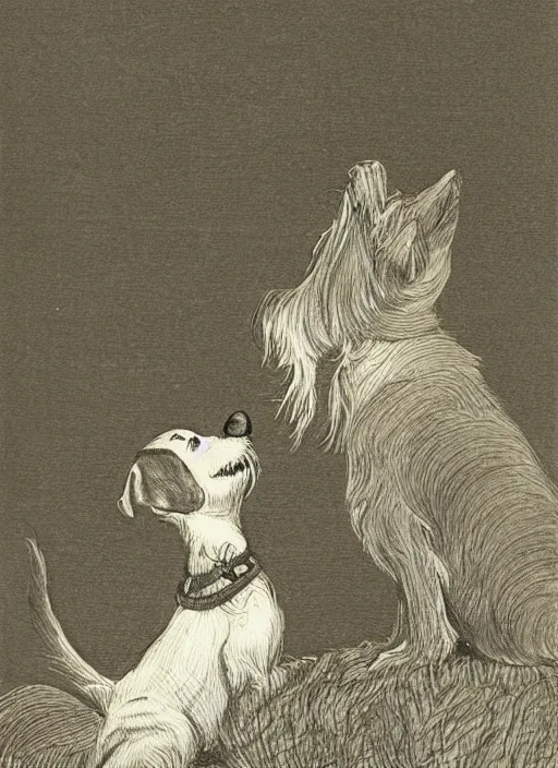 Image similar to candid portrait of jack russel dog howling, night sky, highly detailed, side view, illustrated by peggy fortnum and beatrix potter and sir john tenniel