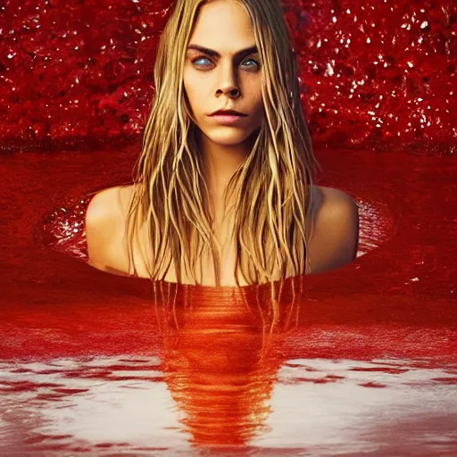 Prompt: British model Cara Delevigne with beautiful face and full body laying in a blood red pool of water between a bright golden glowing mirror frame, outside is space and inside the mirror frame is a beautiful landscape. You can see her reflection in the red pool of water. Hyperrealistic surreal 4K IMAX Rene Margritte intricate, elegant, highly detailed, digital painting, artstation, concept art, smooth, sharp focus, illustration, art by artgerm, Francis bacon, HR Giger and greg rutkowski and alphonse mucha fashion photography