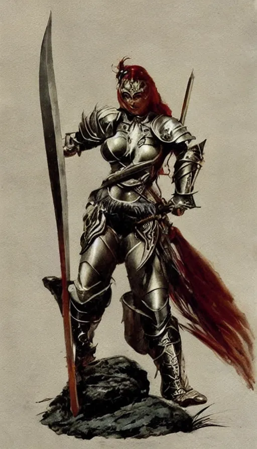 Image similar to fantasy painting by Frank Frazetta portraying a female knight in armor,wielding a sword,high quality,portrait en buste,beautiful,detailed