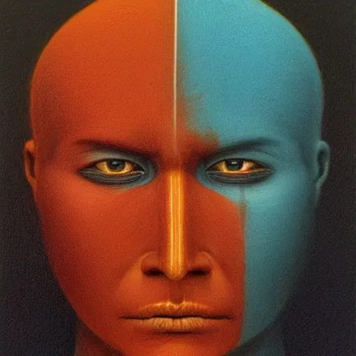 Image similar to symmetric portrait of indigenous warrior, turquoise and orange. realistic. high detail.by zdzisław beksiński