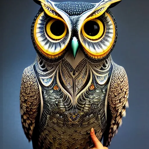 Prompt: symmetrical detailed sculpture of an owl, made by Karol Bak