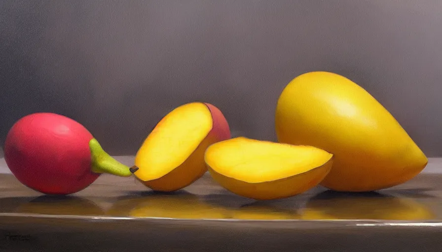 Prompt: mango, still life, oil painting by jama jurabaev, tyler edlin, james paick, emmanuel shiru, victor mosquera, extremely detailed, brush hard, artstation, for aaa game, high quality, brush stroke