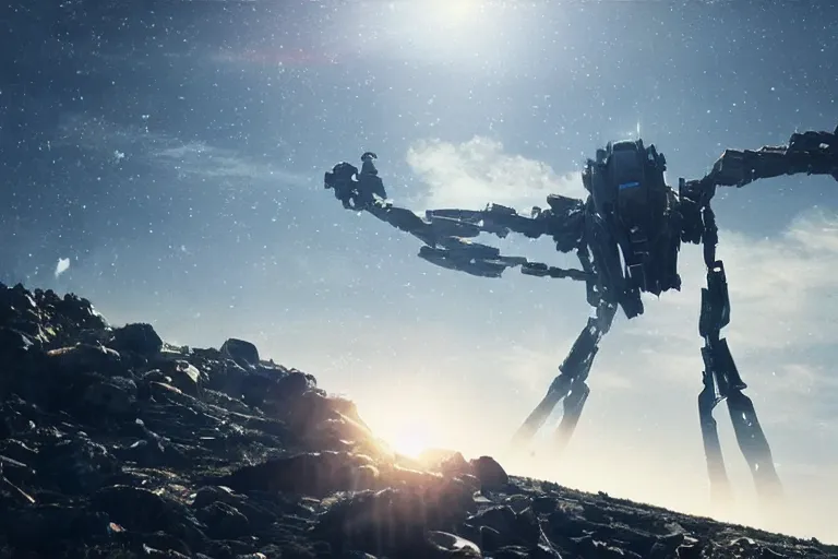 Image similar to giant robot spider standing on top pf planet earth, cinematic, shot from space, sci - fi movie still, lens flare, greg rutkowski, wlop