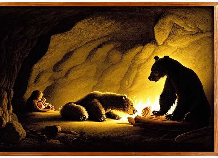 Image similar to Pieter Claesz's 'a bear and her cub sleeping in a dark cave, lit by campfire', night time, cross hatching, backlit, beautiful wooden frame, the colours of the sunset