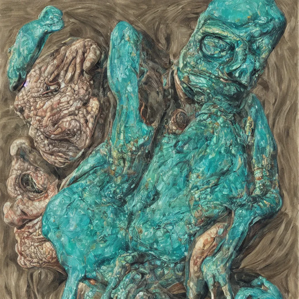 Image similar to high quality high detail painting by lucian freud, jenny savile, unsettling portrait of the lizard man, turquoise, hd