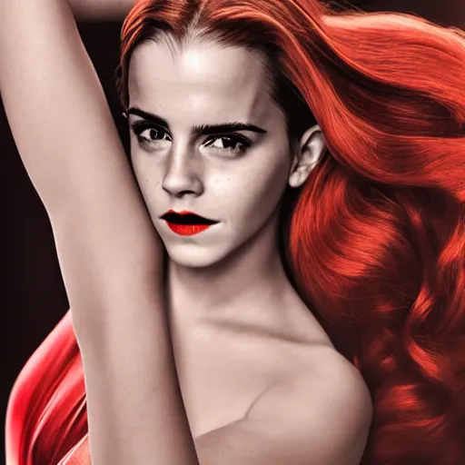 Prompt: Emma Watson as Jessica Rabbit, (Sony a7R IV, symmetric balance, polarizing filter, dynamic range, HDR, detailed, staggered depth)