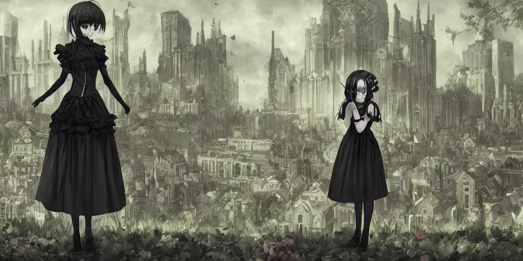 Image similar to beautiful android gothic lolita standing in a city taken over by nature , theme of sadness, melancholy, and dark beauty, high exposure