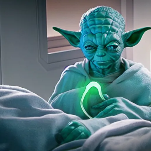 Prompt: photo of dr manhattan sleeping in bed next to yoda