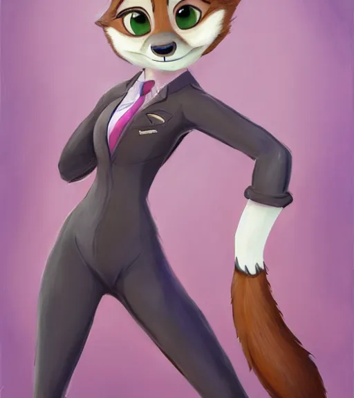 Image similar to oil painting of full body of anthromorphic female wolf, in style of zootopia, zootopia, zootopia, fursona, furry, furaffinity, 4 k, deviantart, furry art, fursona art, wearing black business suit, business suit, in style of zootopia, wolf fursona, cyberpunk, female, expressive detailed feminine face,