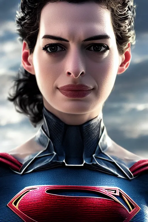 Prompt: a fancy close up of Man of Steel cast as Anne Hathaway by Greg Rutkowski, Sung Choi, Mitchell Mohrhauser, Maciej Kuciara, Johnson Ting, Maxim Verehin, Peter Konig, 8k photorealistic, cinematic lighting, HD, high details, dramatic, trending on artstation, full body shot