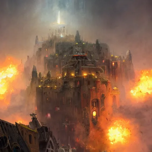 Image similar to ! dream big bright city of minas tirith under the attack, drone shot, fire and smoke, war, 8 k concept art, digital painting, realistic, cinematic lighting, raymond swanland, peter mohrbacher