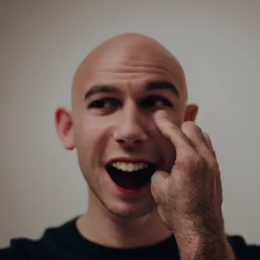 Prompt: a man with a bald head is holding his hand up to his mouth