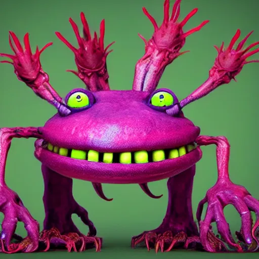 Prompt: cute alien carniverous plant creature with many eyes, big teeth, many arms, many leafy legs with radial symmetry detailed character concept 3 d pixar style render 4 k