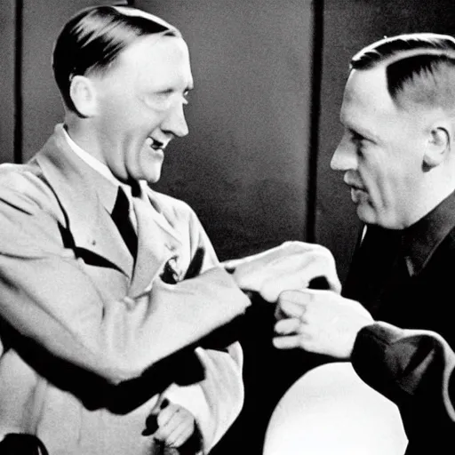 Prompt: 1 9 4 0 s photo of eminem having a rap battle with hitler on moon,