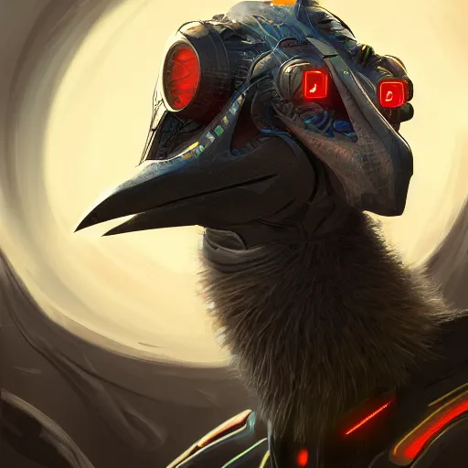 Prompt: Portrait of a evil cyborg ostrich, digital painting, highly detailed, fantasy, artstation, concept art, smooth, sharp focus, illustration