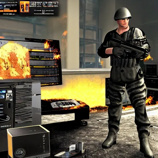 Prompt: drebin mgs4 trying to build a desktop computer on fire, game