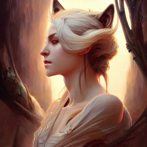 Image similar to beautiful portrait of wolf, natural, fantasy, intricate, elegant, highly detailed, digital painting, artstation, concept art, smooth, sharp focus, illustration, art by artgerm and greg rutkowski and alphonse mucha