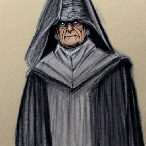 Image similar to courtroom sketch of emperor palpatine on trial