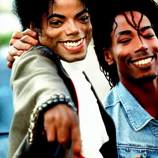 Image similar to michael jackson smiling at tupac ( 1 9 9 0 ), 4 k