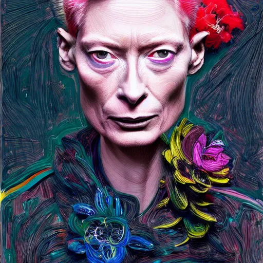 Image similar to a realistic yet sketched fierce neon tilda swinton, trending on artstation, by archan nair and marlene duma, intricate details, flowers, in the style of frank auerbach, in the style of martin ansin, in the style of david aja, in the style of mattias adolfsson