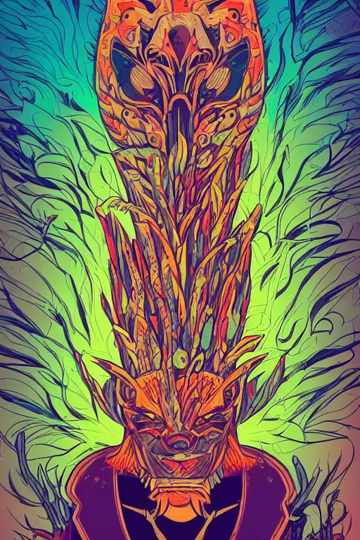 Image similar to animal mask totem roots flower tribal feather gemstone plant wood rock shaman vodoo video game vector cutout illustration vivid multicolor borderlands comics by josan gonzales and dan mumford radiating a glowing aura