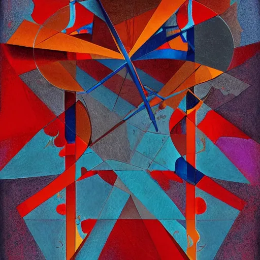 Prompt: the brittle. digital painting, vertical, intricate, beautiful, detailed, grunge, illustration, abstract art by georgia o'keeffe and el lissitzky and malevich and mucha, trending on artstation. blue, dark red and dark purple color scheme, gradient darker to bottom