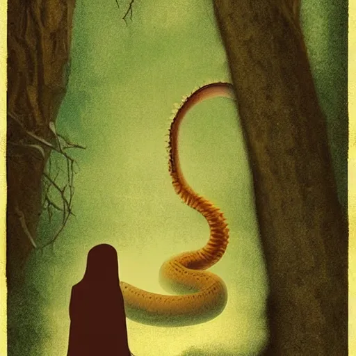 Image similar to by tony conrad, by christian schloe threatening, dismal. a digital art of a large, looming creature with a long, snake body. many large, sharp teeth, & eyes glow. wrapped around a large tree, bent under the weight. small figure in foreground, a sword, dwarfed by the size of the creature.