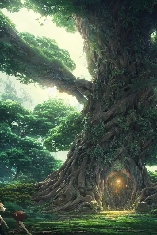 Prompt: a giant hellishly tree with a big trunk that forms a round portal to otherworldly hostile worlds, high intricate details, rule of thirds, golden ratio, cinematic light, 8 k, octane render, anime style, graphic novel by fiona staples and dustin nguyen, art by beaststars and orange, peter elson, alan bean, studio ghibli, makoto shinkai