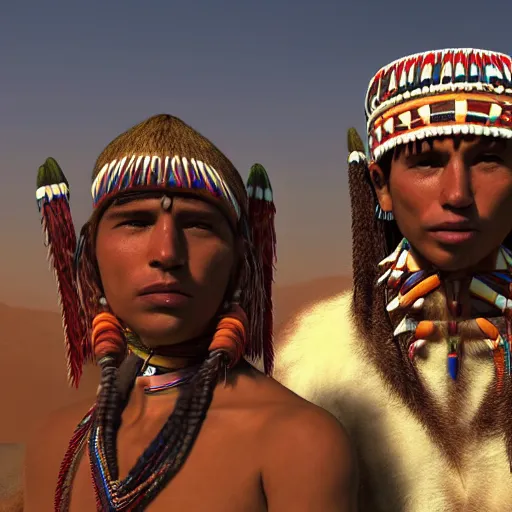 Image similar to south american native tribe in a report for a french tv, ultra detailed, photorealistic, dynamic light, cinematic