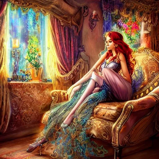 Image similar to a beautiful female is sitting on her living room couch. She is dressed casually and is watching TV, Regal, Realistic, Refined, Detailed Digital Art, Josephine wall, Oil Painting, Steampunk, Highly Detailed, Cinematic Lighting, Unreal Engine, 8k, HD