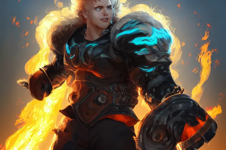 Image similar to Digital art of Lucius with fluffy curly blond hair, throwing a wild fire blast from his hands, with a vicious smile in face. Genetically engineered super soldier in a scorched land with a black roiling sky. Epic artstation league of legends splash art