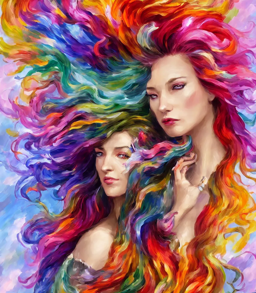 Prompt: a colorful and provenance illustrations painting of the fantasy female who with floral wing, highly detailed, her hair made of hair made of air wind and curling smoke, mist, dust, genie, spirit fantasy concept art, art by afremov and leonid, trending on artstation.