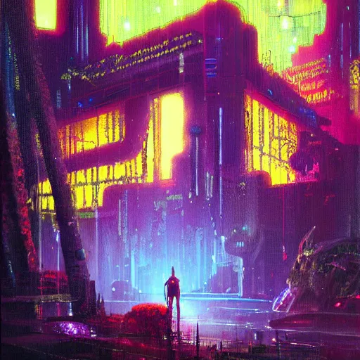 Prompt: cyberpunk kew gardens by paul lehr