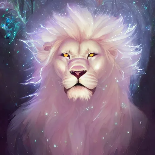 Prompt: aesthetic portrait commission of a albino male furry anthro lion surrounded by small glowing sparkles and wearing white glowing cloak, Character design by charlie bowater, ross tran, artgerm, and makoto shinkai, detailed, inked, western comic book art, 2021 award winning painting