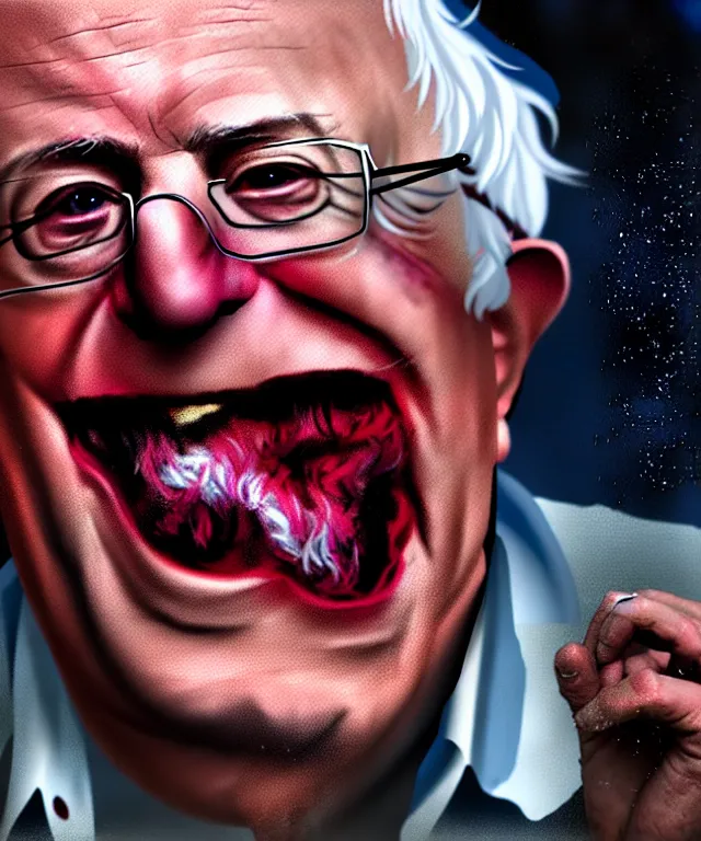 Image similar to hyperrealistic mixed media painting of Bernie Sanders as a laughing drunk, tattered plaid shirt, dimly lit dive bar, stunning 3d render inspired art by P. Craig Russell and Barry Windsor-Smith + perfect facial symmetry + dim volumetric lighting, 8k octane beautifully detailed render, post-processing, extremely hyperdetailed, intricate, epic composition, grim yet sparkling atmosphere, cinematic lighting + masterpiece, trending on artstation, very very detailed, masterpiece, stunning