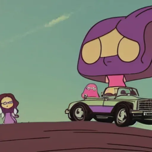 Prompt: thanos and louise belcher driving a convertible off a cliff, grainy 1 9 9 1 vhs tape, dramatic movie scene, very realistic
