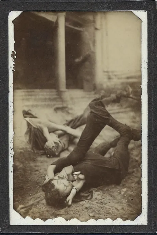 Image similar to man falling apart while a woman tries to hold the fallen parts, 1 9 1 0 polaroid photo