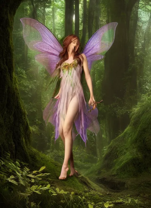 Image similar to beautiful photorealistic matte painting full body portrait fairy faerie fey fae queen standing in forest highly detailed subtle enchanting magic