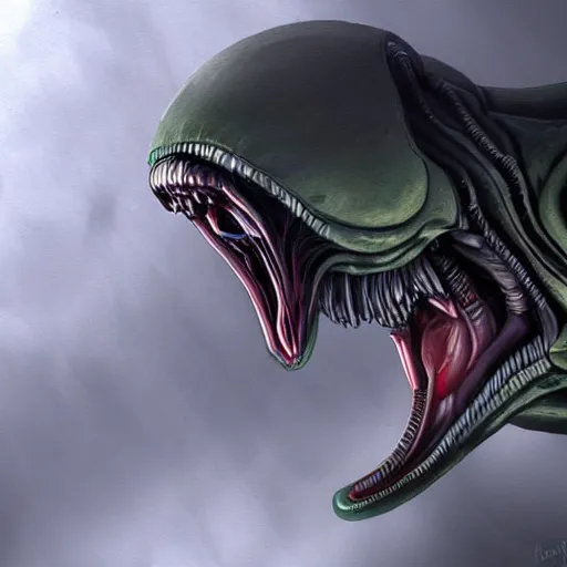 Image similar to Xenomorph, digital painting, highly detailed, great quality, concept art, sci fi horror, low-key lighting